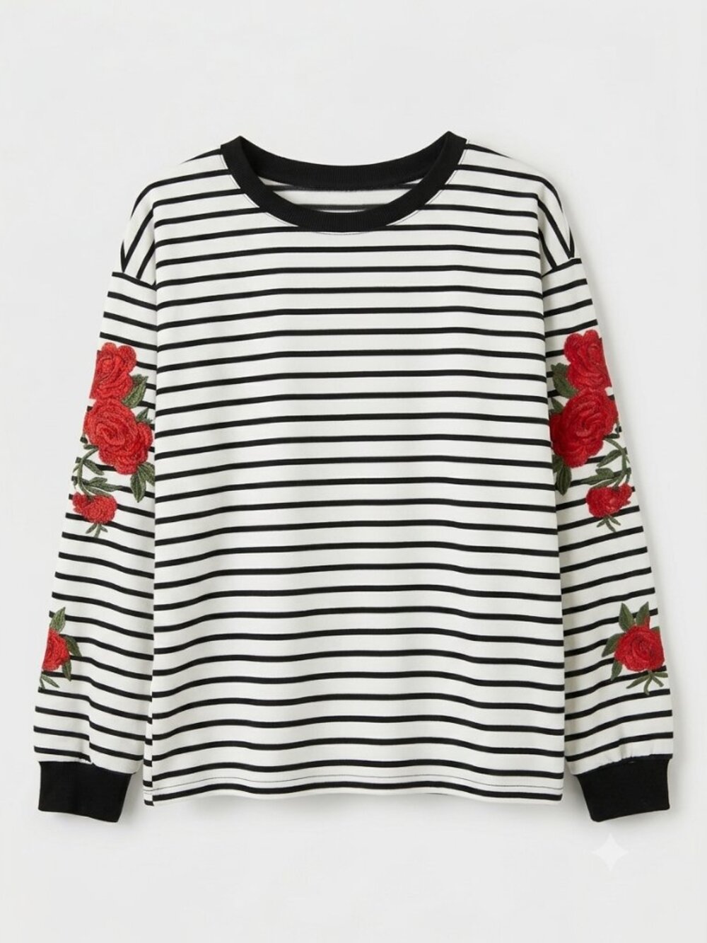Striped Long Sleeve Pullover Top with Rose Floral Embroidery Size M